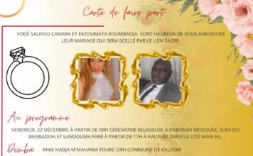CARNET BLANC : Fodé Salifou Camara et Fatoumata Koumbassa se diront OUI à la bleuzone de Kénien ce 23 décembre 2023